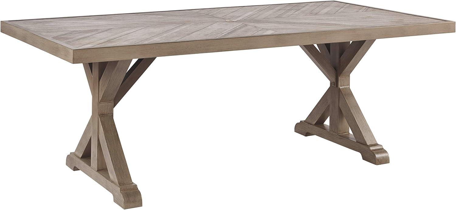 imageSignature Design by Ashley Beachcroft Modern Farmhouse Outdoor Dining Table with Porcelain Top and Upholstered Bench Beige