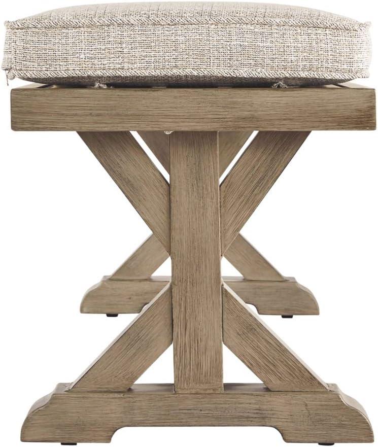 imageSignature Design by Ashley Beachcroft Modern Farmhouse Outdoor Dining Table with Porcelain Top and Upholstered Bench Beige