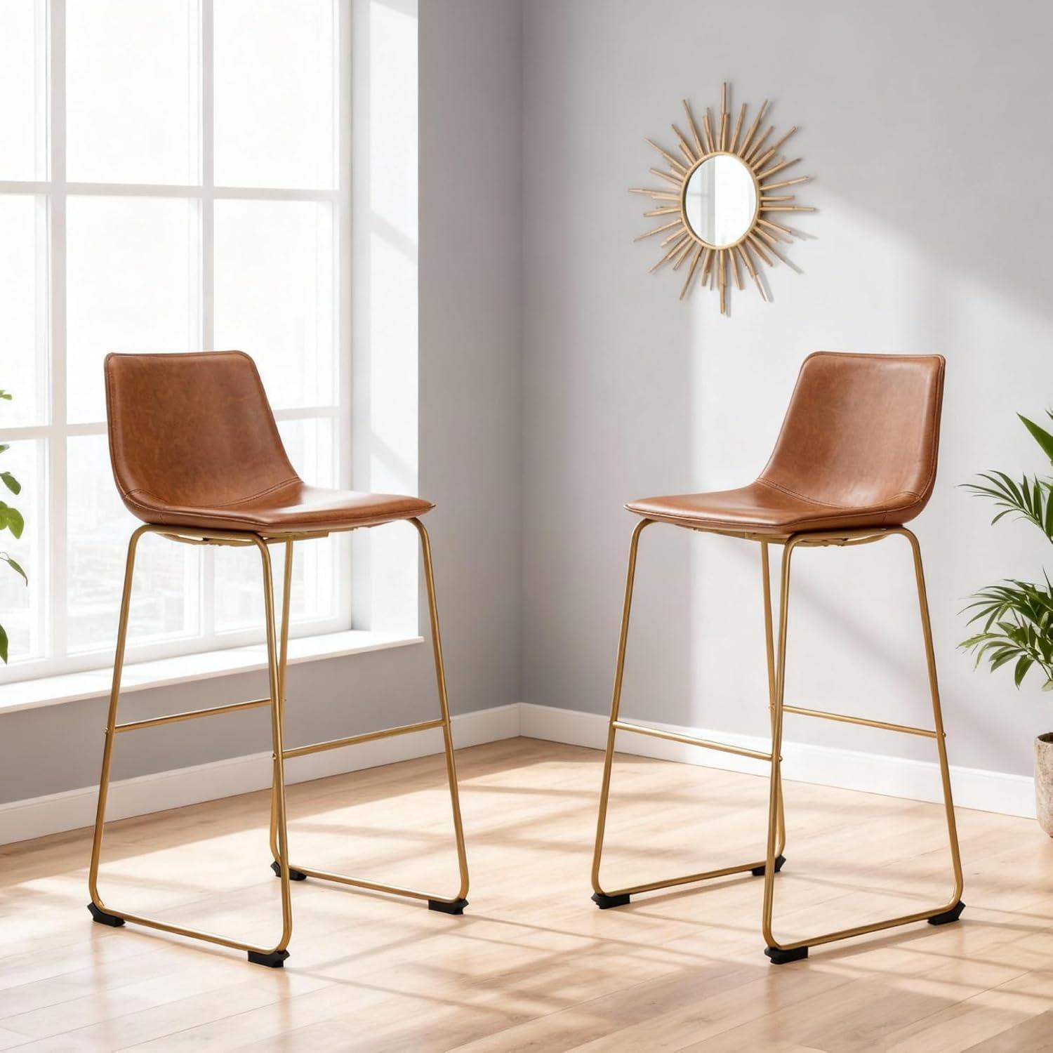 imageSignature Design by Ashley Lexadine Contemporary Bar Height Bar Stool with Faux Leather Upholstery Set of 2 Brown amp Gold