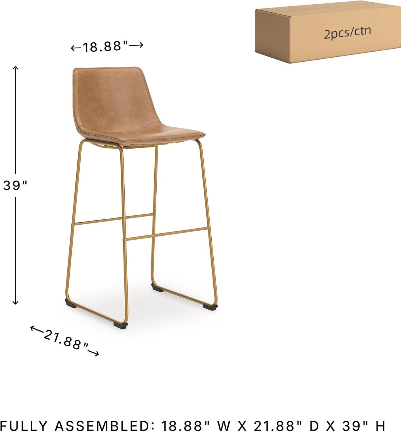 imageSignature Design by Ashley Lexadine Contemporary Bar Height Bar Stool with Faux Leather Upholstery Set of 2 Light Brown amp Gold