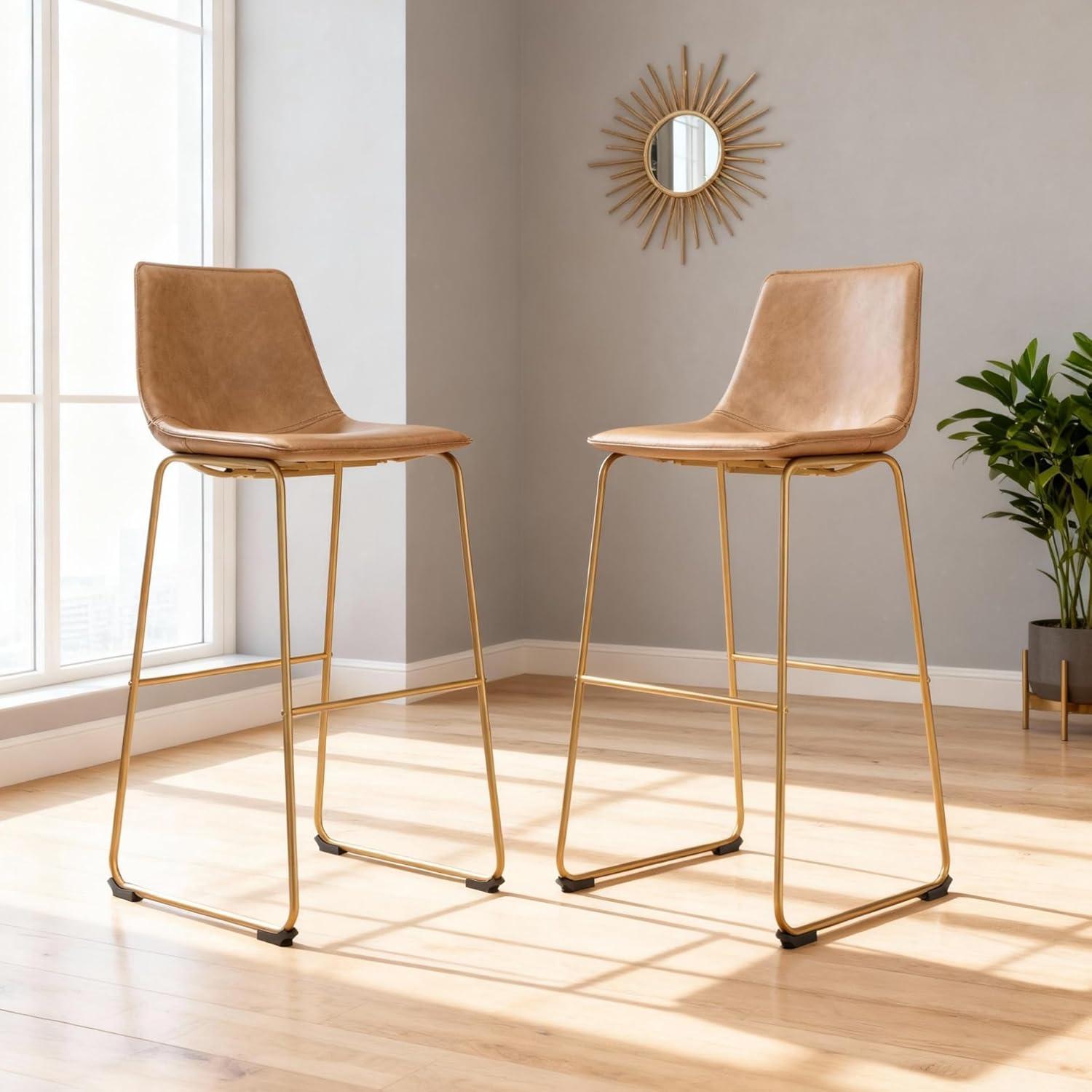 imageSignature Design by Ashley Lexadine Contemporary Bar Height Bar Stool with Faux Leather Upholstery Set of 2 Light Brown amp Gold