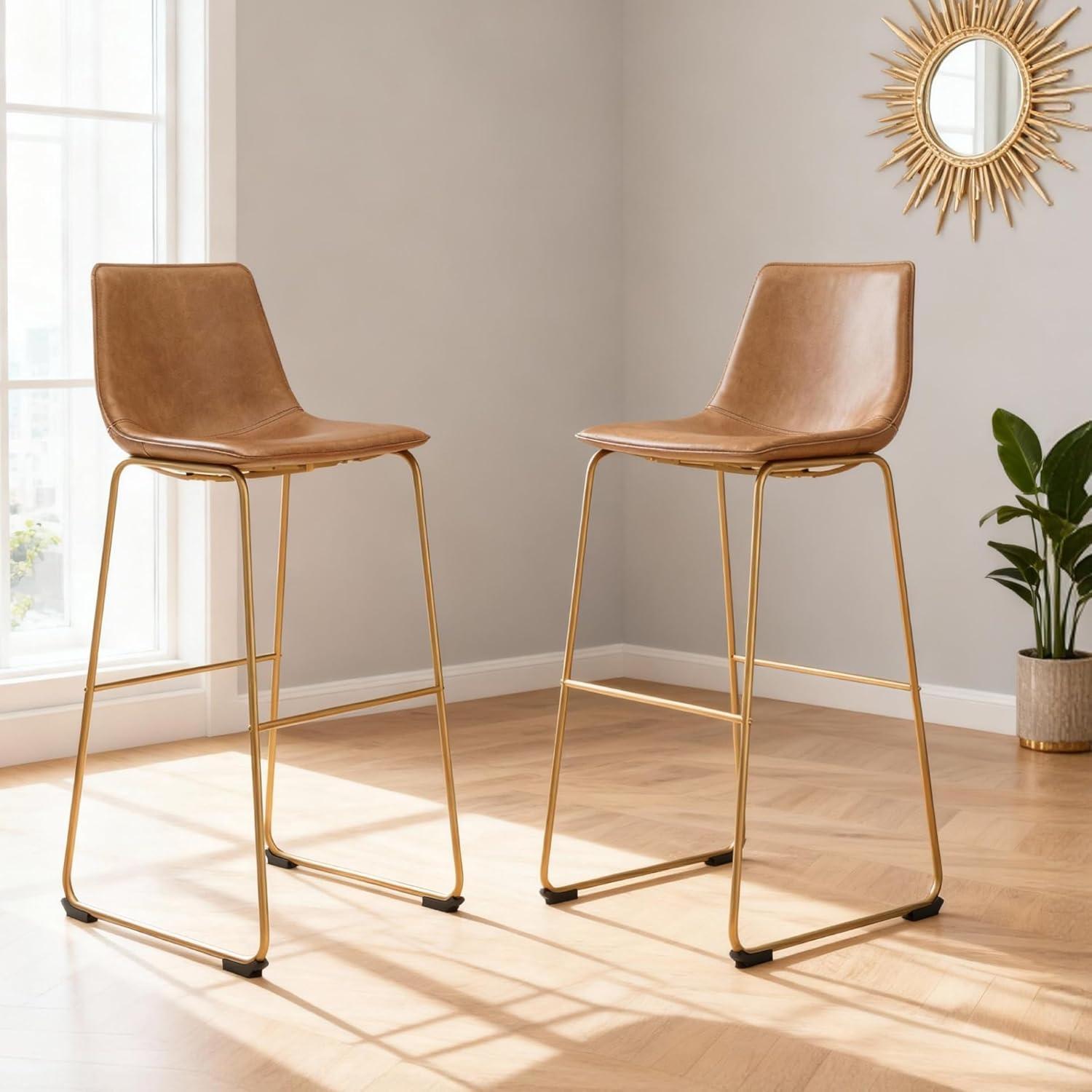 imageSignature Design by Ashley Lexadine Contemporary Counter Height Bar Stool with Faux Leather Upholstery Set of 2 Light Brown amp Gold