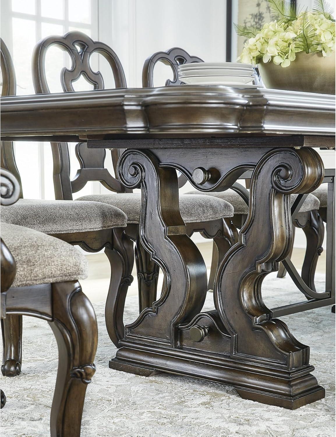 imageSignature Design by Ashley Maylee Classic Dining Extension Table with Removable Center Leaves and Double Pedestal Base Seats Up to 8 Dark BrownDining Extension Table