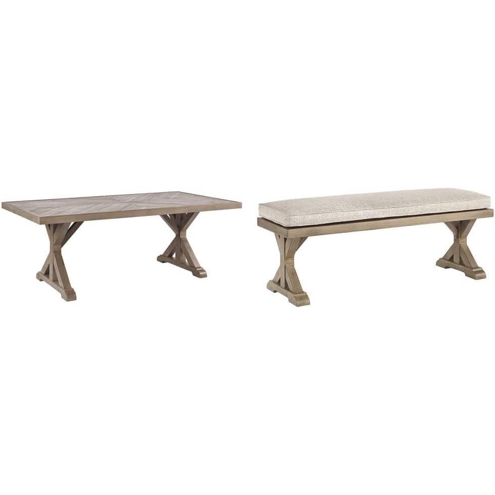 imageSignature Design by Ashley Beachcroft Modern Farmhouse Outdoor Dining Table with Porcelain Top and Upholstered Bench Beige