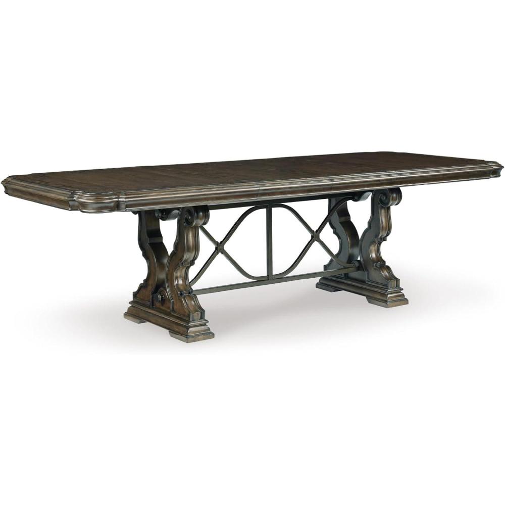 imageSignature Design by Ashley Maylee Classic Dining Extension Table with Removable Center Leaves and Double Pedestal Base Seats Up to 8 Dark BrownDining Extension Table