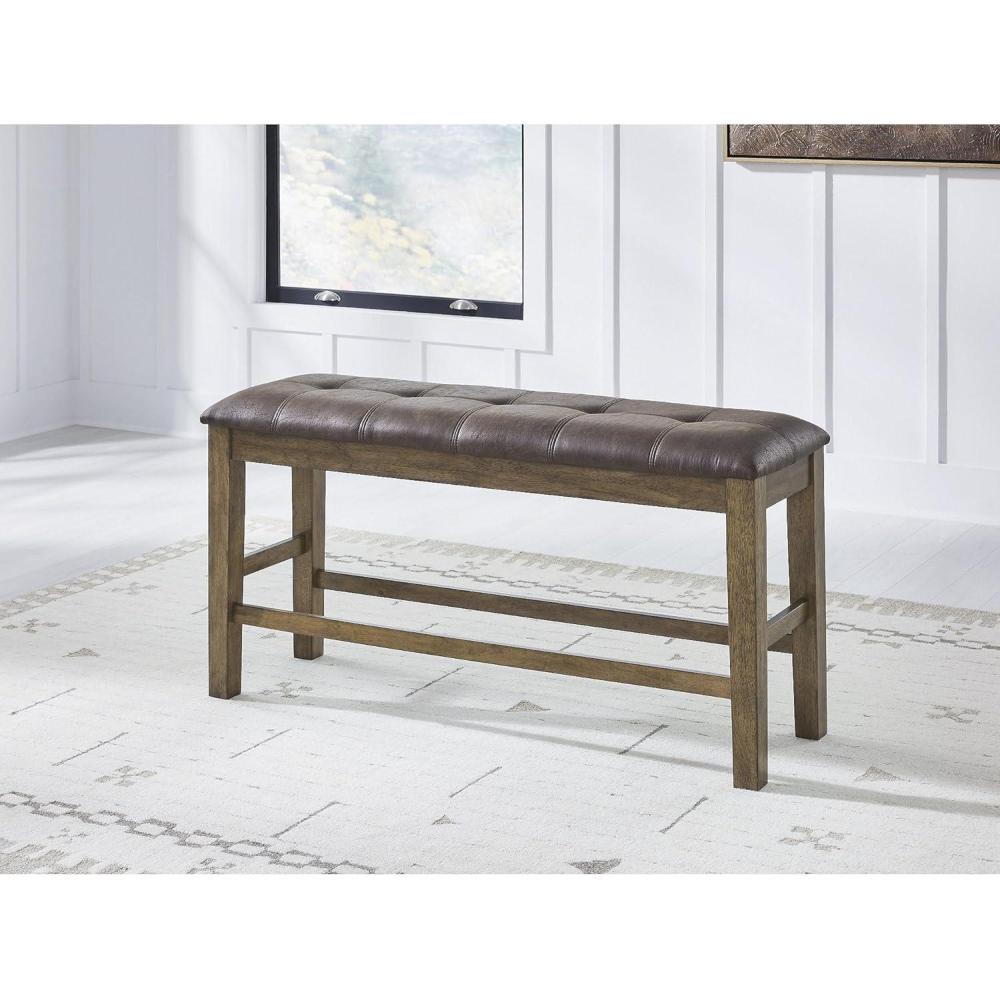 imageSignature Design by Ashley Vallister Contemporary Tufted Faux Leather Upholstered Counter Height Dining Bench with Burnished Edges Light Brown