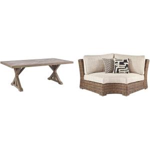 Ashley Beachcroft Modern Farmhouse 84″ Porcelain Top Dining Table and 72″ Wicker Curved Corner Chair