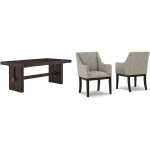 Signature Design by Ashley Burkhaus Traditional Rectangle Extension Dining Room Table, Dark Brown & Burkhaus Traditional Dining Upholstered Arm Chair, 2 Count, Gray & Dark Brown(Table + Arm Chair  Gray & Dark Brown)