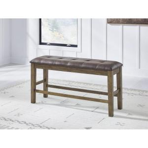 Signature Design by Ashley Vallister Contemporary Tufted Faux Leather Upholstered Counter Height Dining Bench with Burnished Edges, Light Brown