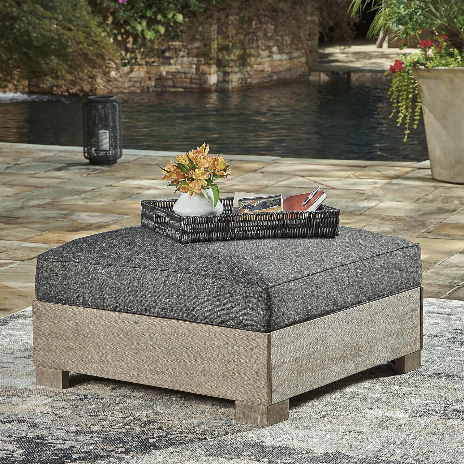imageSignature Design by Ashley Citrine Park Casual Outdoor Ottoman with Cushion Nuvella Weather Resistant Fabric Light Brown amp Gray