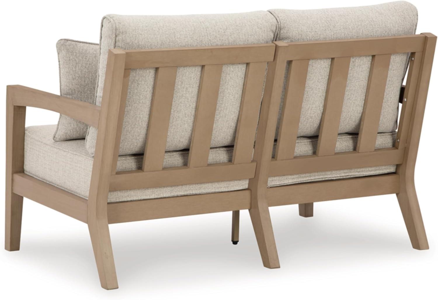 imageSignature Design by Ashley Hallow Creek Cottage Nuvella Weather Resistant Fabric Outdoor Loveseat with Cushion and 2 Throw Pillows Light Brown amp BeigeLight Brown