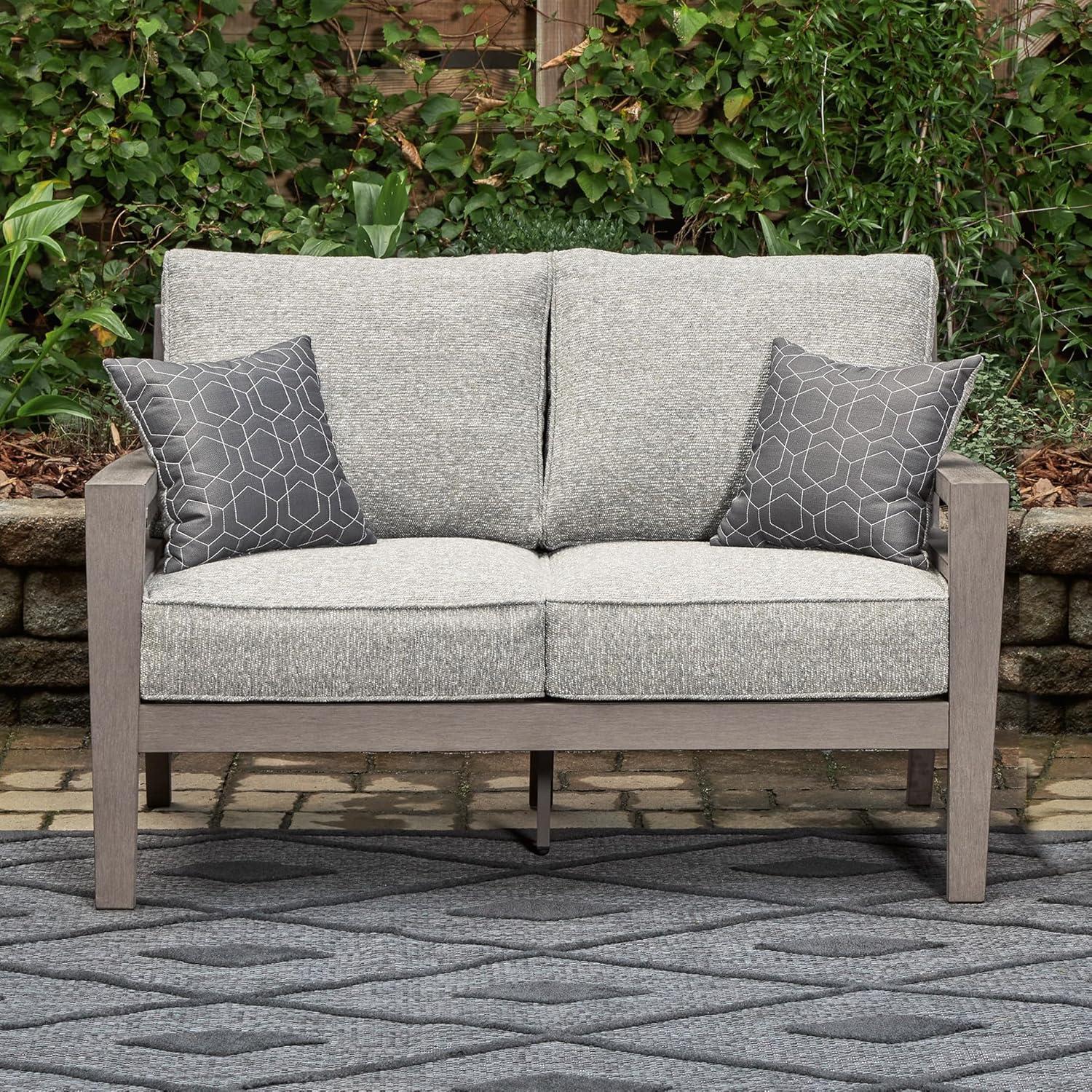 imageSignature Design by Ashley Hallow Creek Cottage Nuvella Weather Resistant Fabric Outdoor Loveseat with Cushion and 2 Throw Pillows Light Brown amp BeigeDark Brown