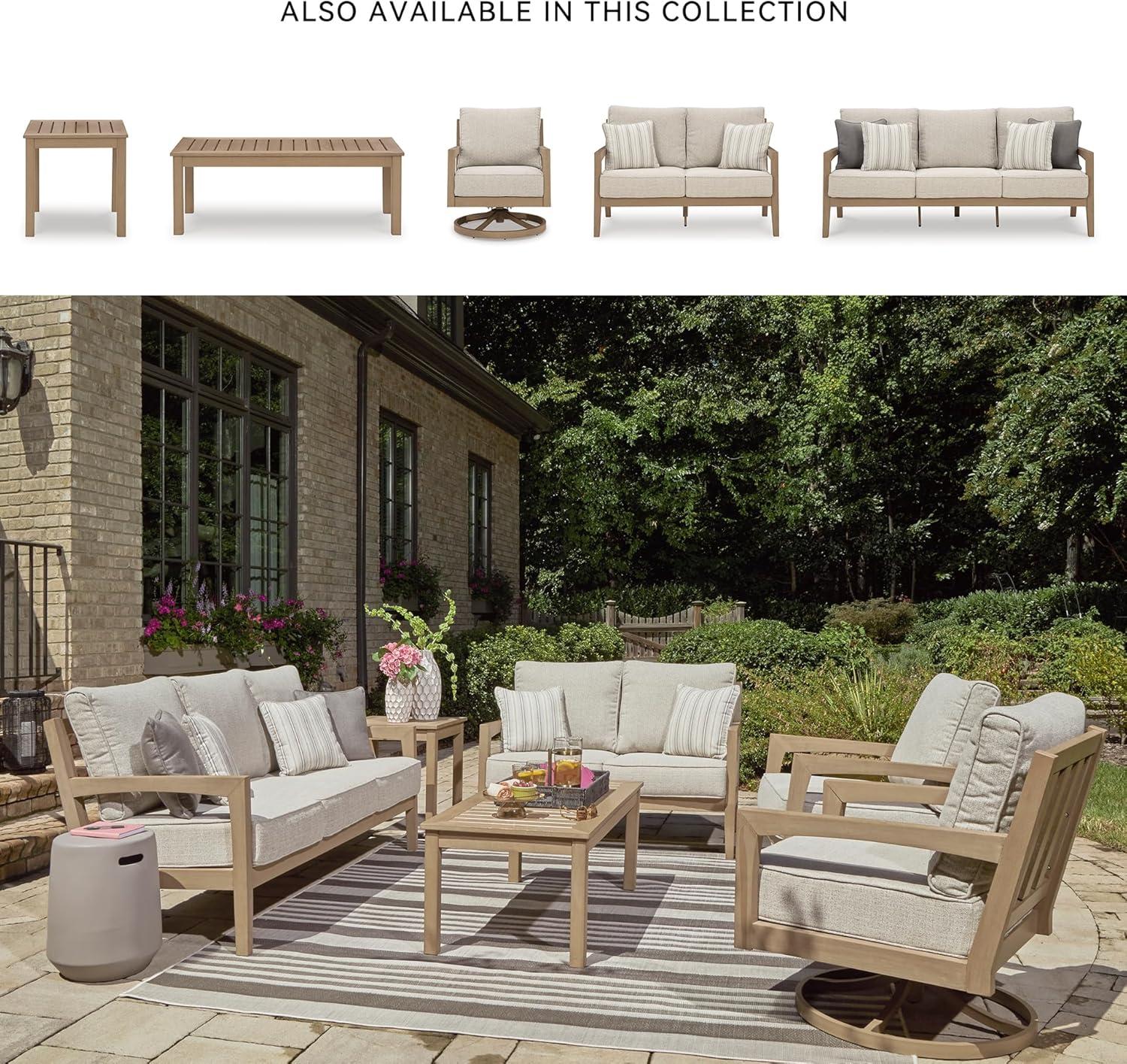 imageSignature Design by Ashley Hallow Creek Cottage Nuvella Weather Resistant Fabric Outdoor Loveseat with Cushion and 2 Throw Pillows Light Brown amp BeigeLight Brown
