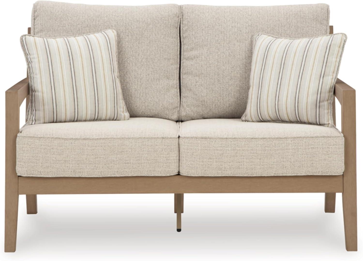 imageSignature Design by Ashley Hallow Creek Cottage Nuvella Weather Resistant Fabric Outdoor Loveseat with Cushion and 2 Throw Pillows Light Brown amp BeigeLight Brown
