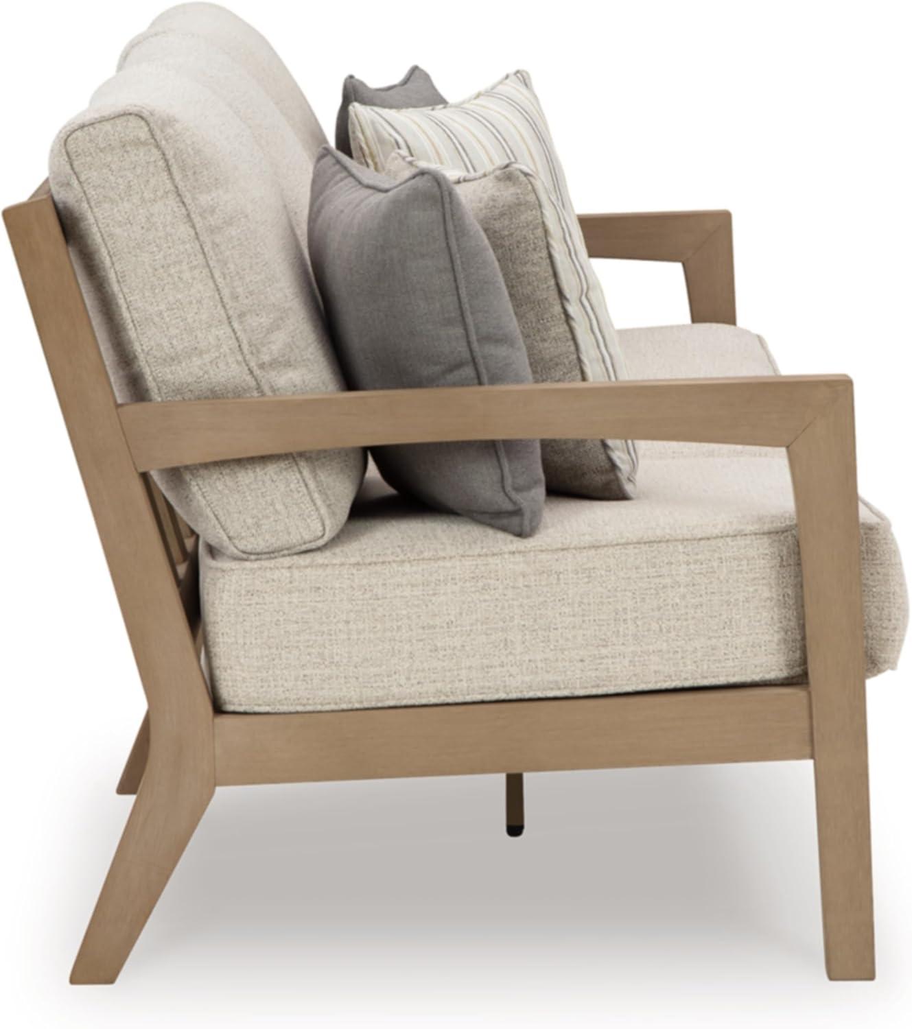 imageSignature Design by Ashley Hallow Creek Cottage Nuvella Weather Resistant Fabric Outdoor Loveseat with Cushion and 2 Throw Pillows Light Brown amp BeigeBeige