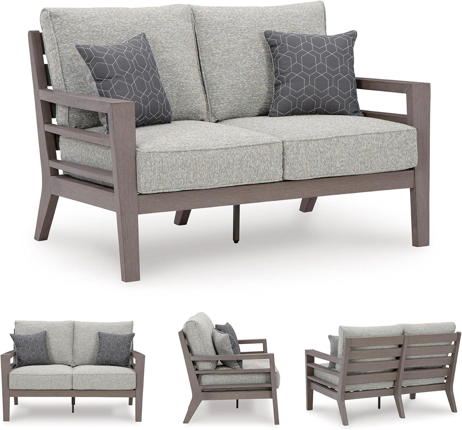 imageSignature Design by Ashley Hallow Creek Cottage Nuvella Weather Resistant Fabric Outdoor Loveseat with Cushion and 2 Throw Pillows Light Brown amp BeigeDark Brown