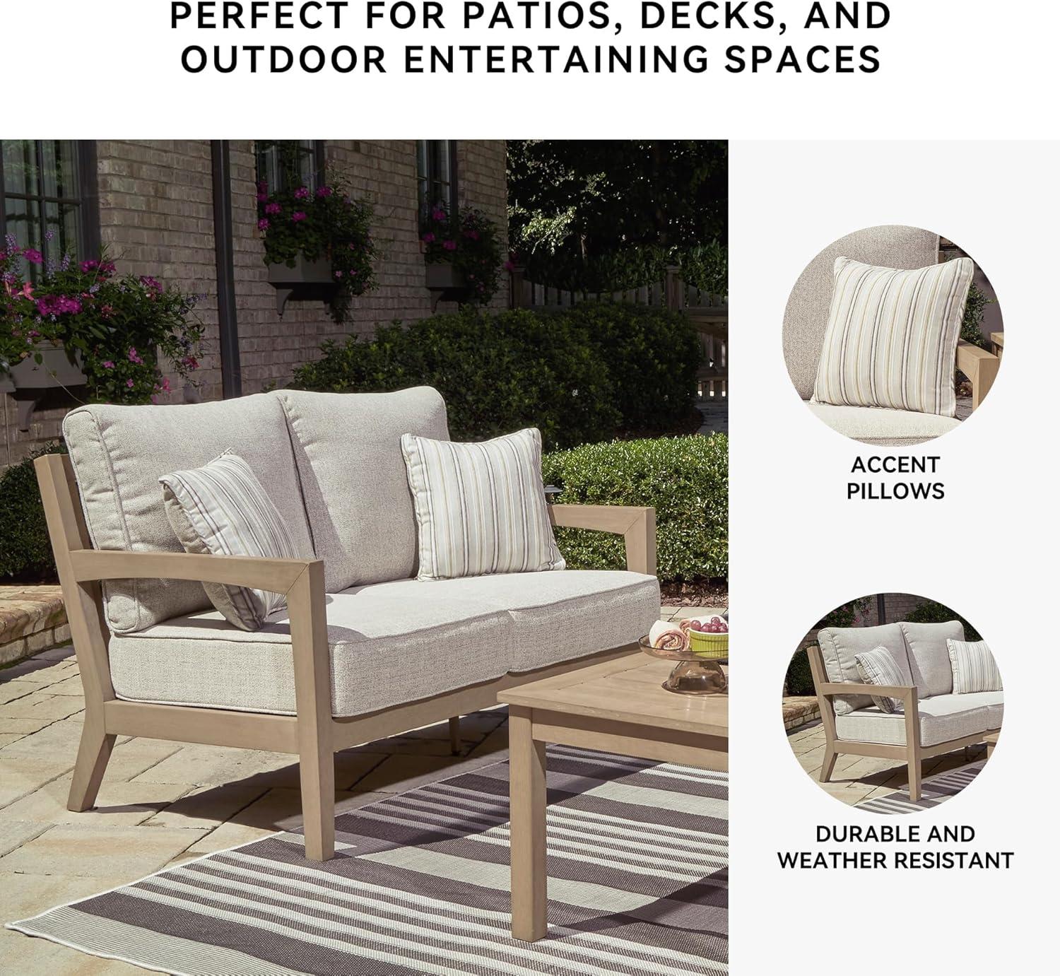 imageSignature Design by Ashley Hallow Creek Cottage Nuvella Weather Resistant Fabric Outdoor Loveseat with Cushion and 2 Throw Pillows Light Brown amp BeigeLight Brown