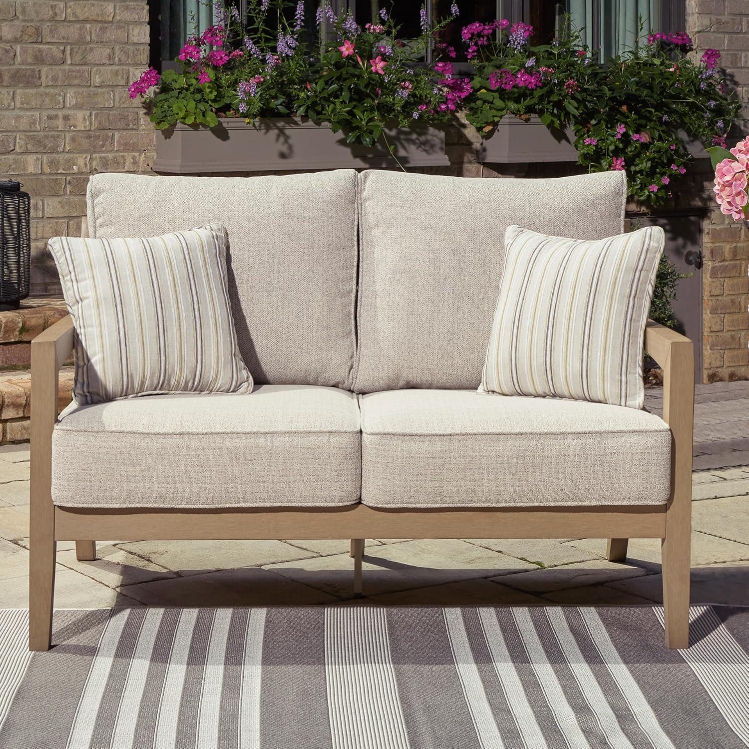 imageSignature Design by Ashley Hallow Creek Cottage Nuvella Weather Resistant Fabric Outdoor Loveseat with Cushion and 2 Throw Pillows Light Brown amp BeigeLight Brown