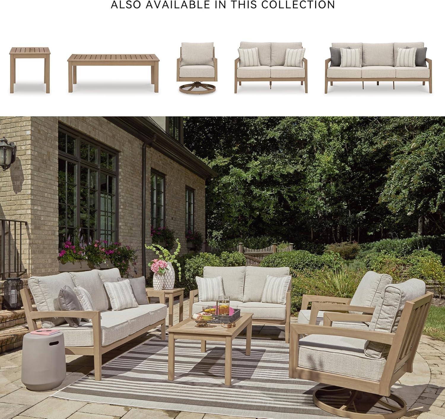 imageSignature Design by Ashley Hallow Creek Cottage Nuvella Weather Resistant Fabric Outdoor Loveseat with Cushion and 2 Throw Pillows Light Brown amp BeigeLight Brown