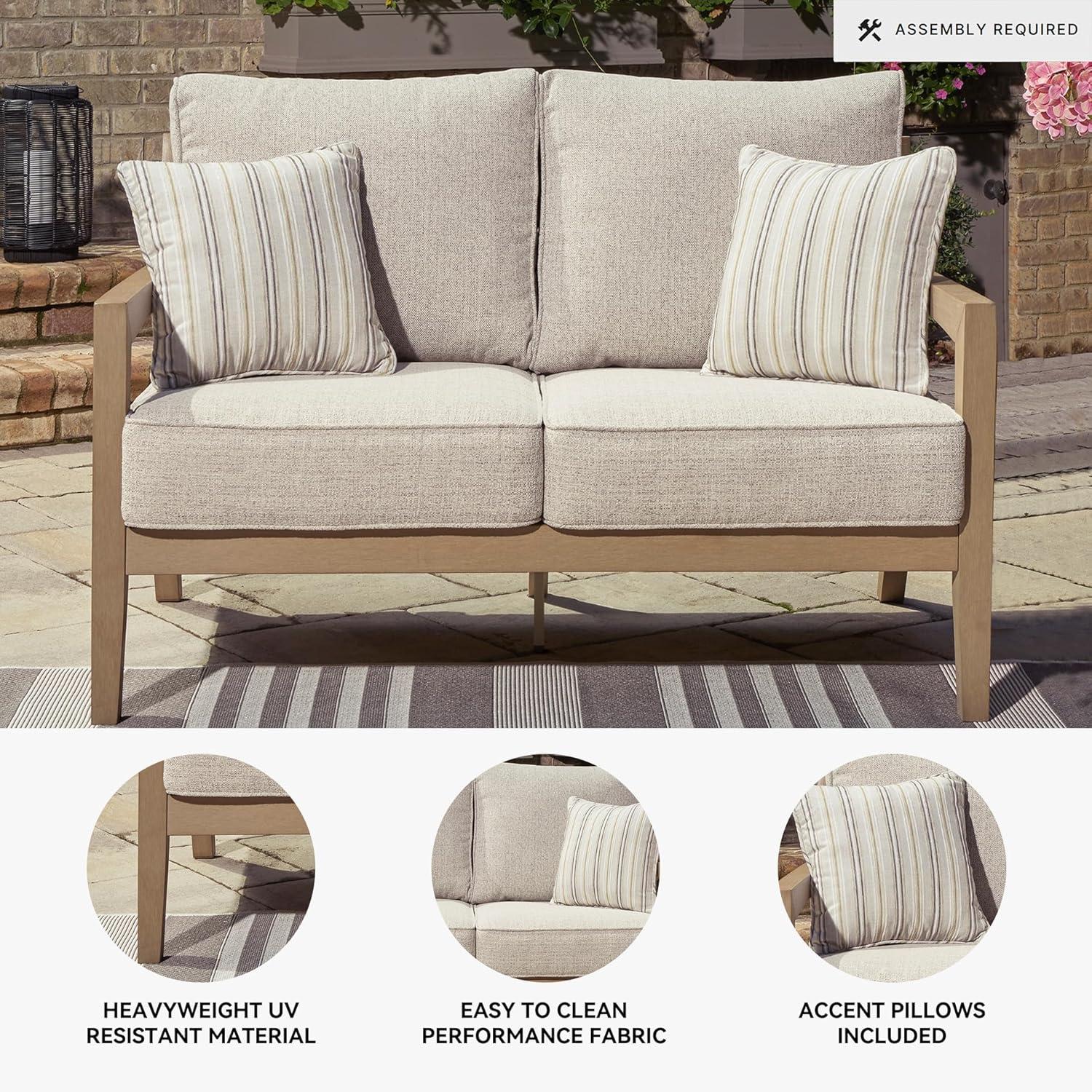 imageSignature Design by Ashley Hallow Creek Cottage Nuvella Weather Resistant Fabric Outdoor Loveseat with Cushion and 2 Throw Pillows Light Brown amp BeigeLight Brown