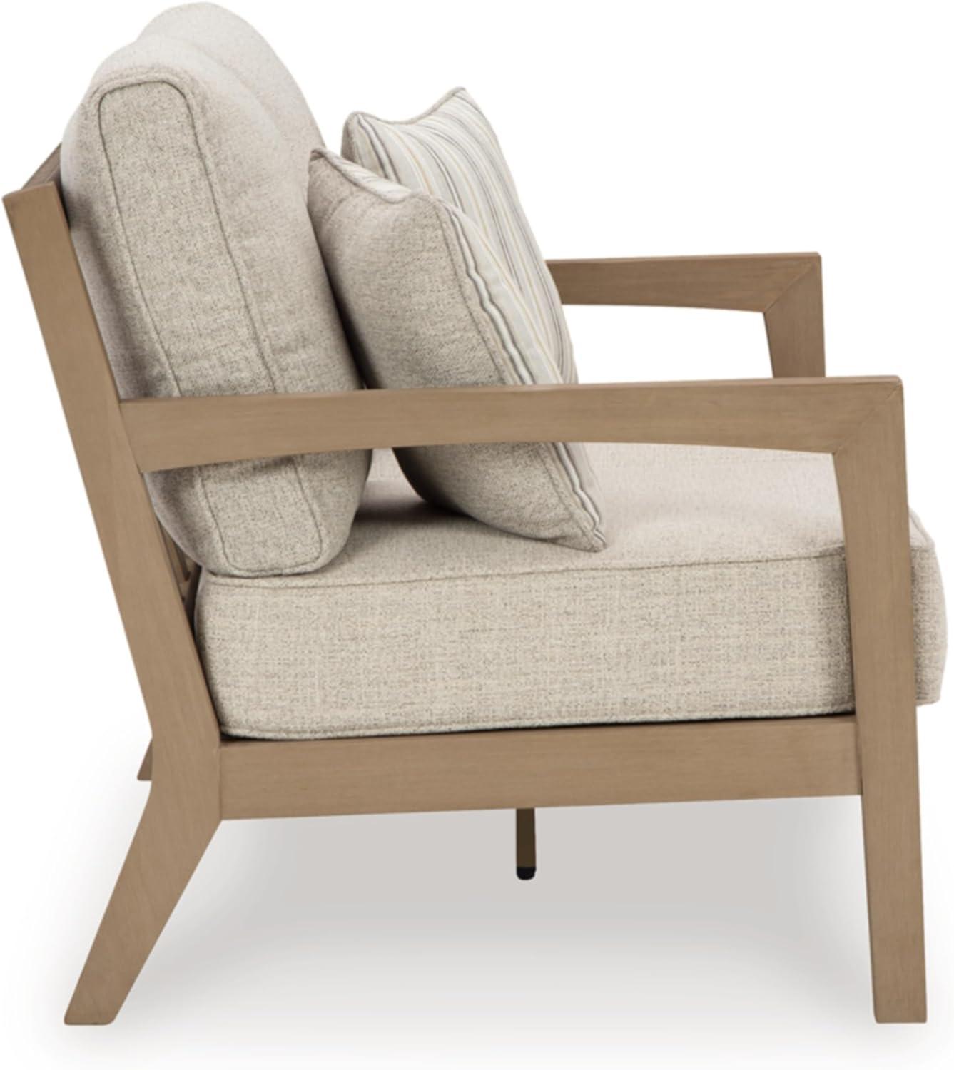imageSignature Design by Ashley Hallow Creek Cottage Nuvella Weather Resistant Fabric Outdoor Loveseat with Cushion and 2 Throw Pillows Light Brown amp BeigeLight Brown