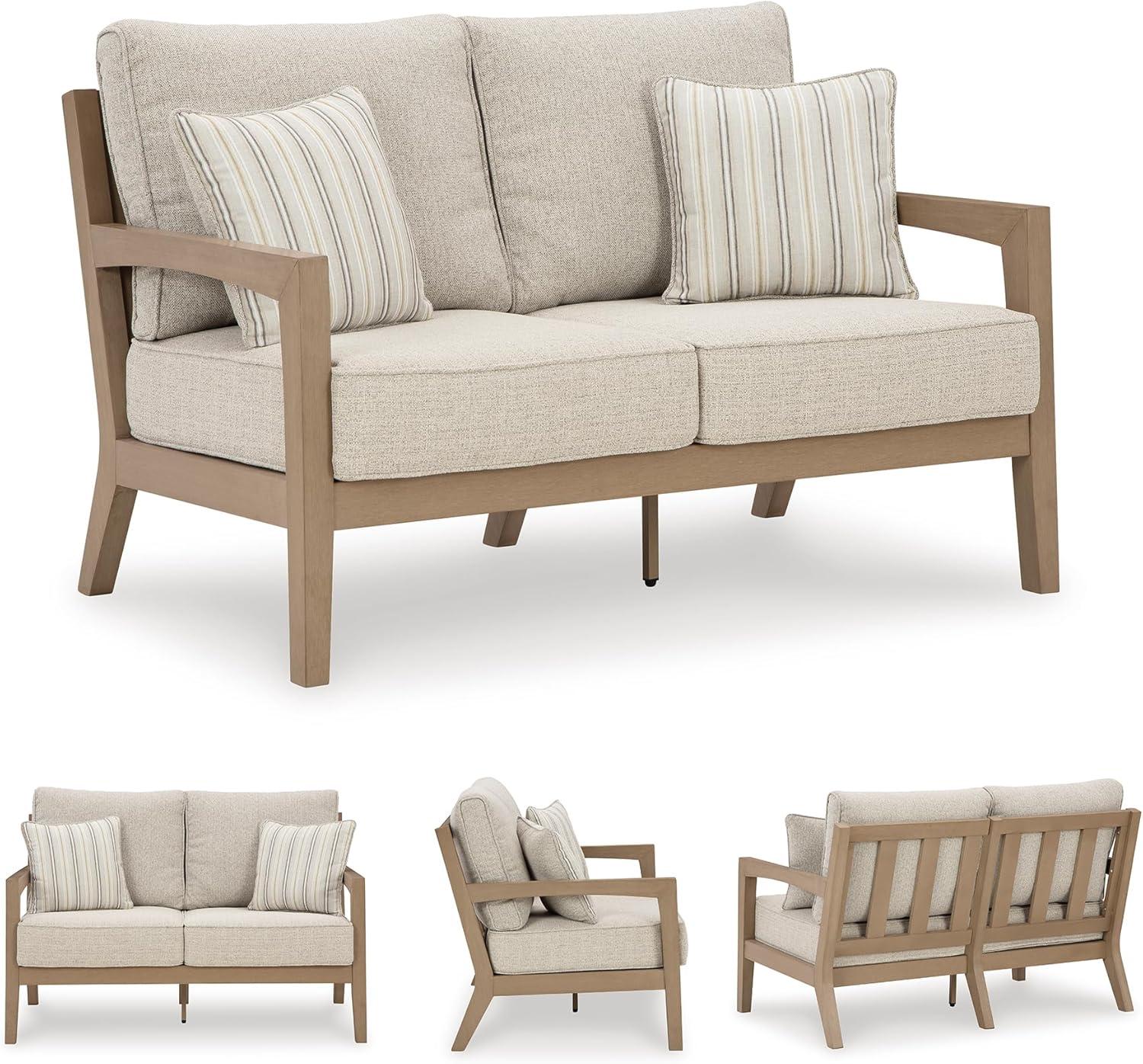 imageSignature Design by Ashley Hallow Creek Cottage Nuvella Weather Resistant Fabric Outdoor Loveseat with Cushion and 2 Throw Pillows Light Brown amp BeigeLight Brown