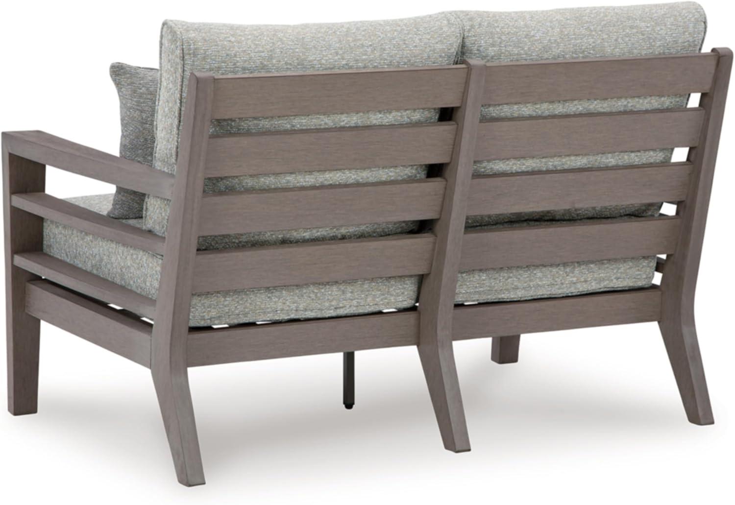 imageSignature Design by Ashley Hallow Creek Cottage Nuvella Weather Resistant Fabric Outdoor Loveseat with Cushion and 2 Throw Pillows Light Brown amp BeigeDark Brown