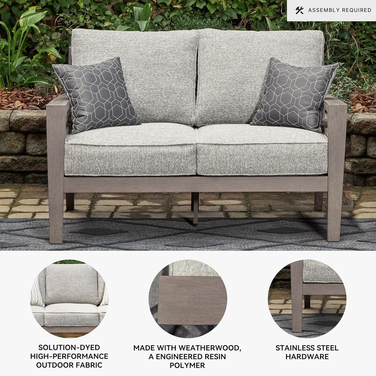 imageSignature Design by Ashley Hallow Creek Cottage Nuvella Weather Resistant Fabric Outdoor Loveseat with Cushion and 2 Throw Pillows Light Brown amp BeigeDark Brown