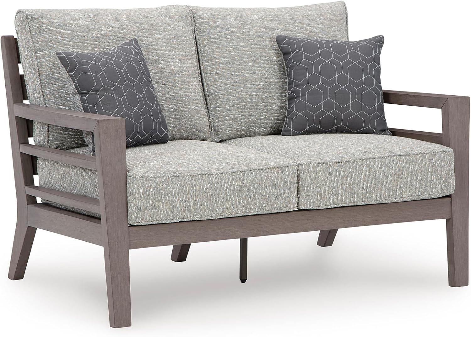 imageSignature Design by Ashley Hallow Creek Cottage Nuvella Weather Resistant Fabric Outdoor Loveseat with Cushion and 2 Throw Pillows Light Brown amp BeigeDark Brown