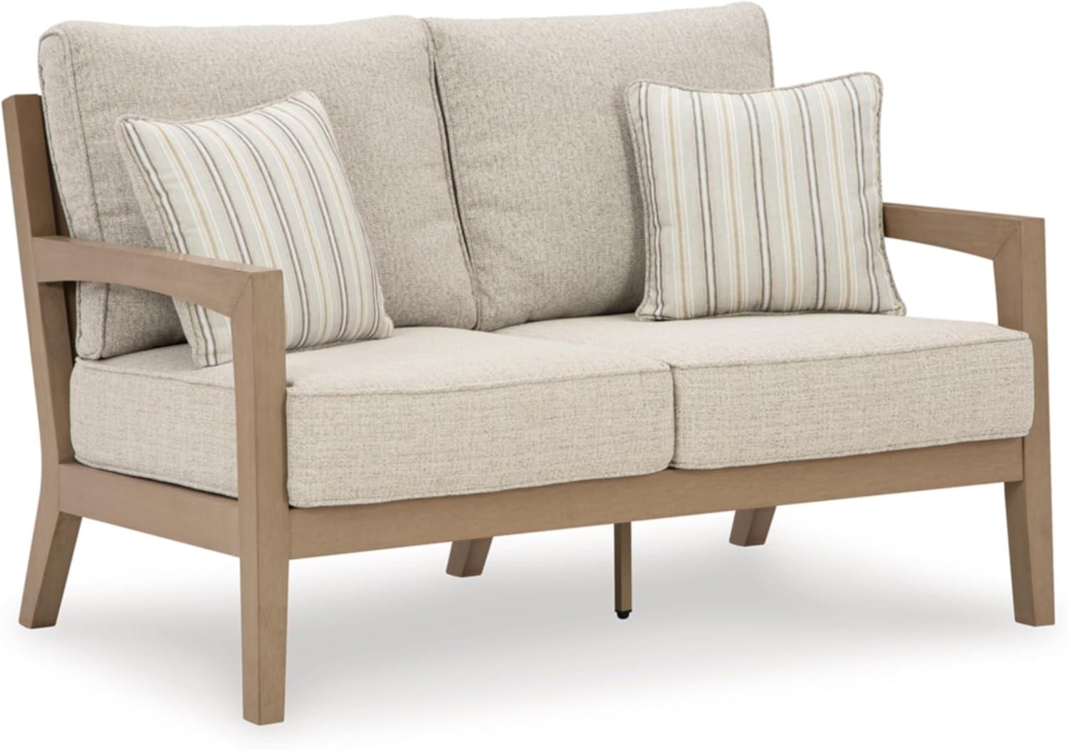 imageSignature Design by Ashley Hallow Creek Cottage Nuvella Weather Resistant Fabric Outdoor Loveseat with Cushion and 2 Throw Pillows Light Brown amp BeigeLight Brown