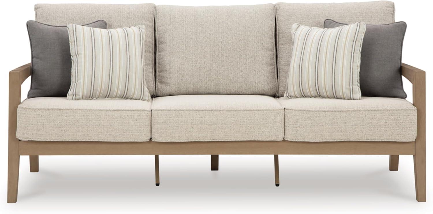 imageSignature Design by Ashley Hallow Creek Cottage Nuvella Weather Resistant Fabric Outdoor Loveseat with Cushion and 2 Throw Pillows Light Brown amp BeigeBeige