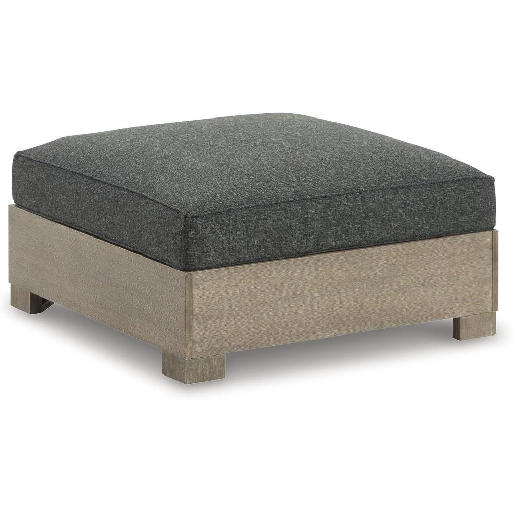 imageSignature Design by Ashley Citrine Park Casual Outdoor Ottoman with Cushion Nuvella Weather Resistant Fabric Light Brown amp Gray