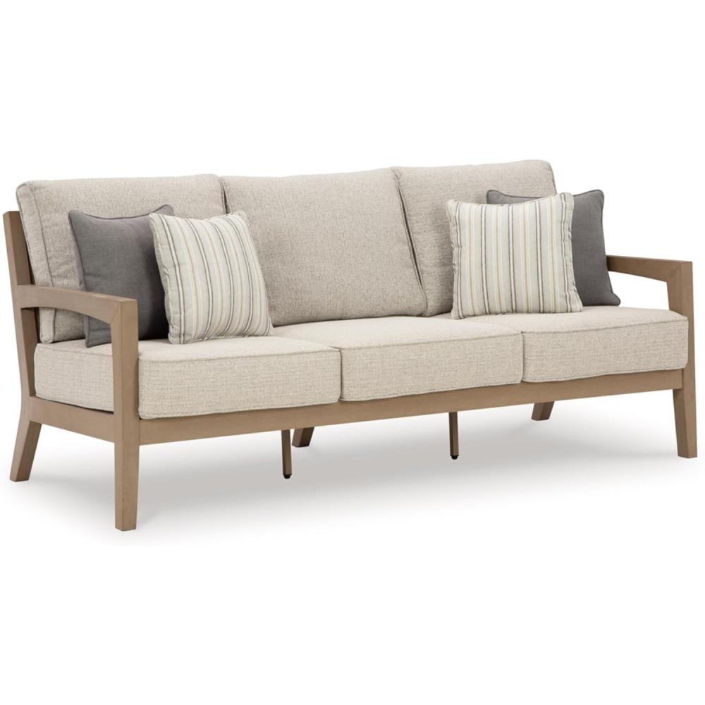 imageSignature Design by Ashley Hallow Creek Cottage Nuvella Weather Resistant Fabric Outdoor Loveseat with Cushion and 2 Throw Pillows Light Brown amp BeigeBeige