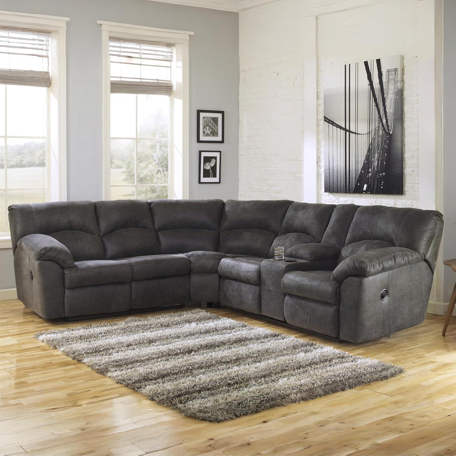 imageSignature Design by Ashley Tambo Contemporary LShaped Faux Leather Dual Sided 2Piece Reclining Sectional with Console Storage and 2 Cup Holders Dark BrownGrey