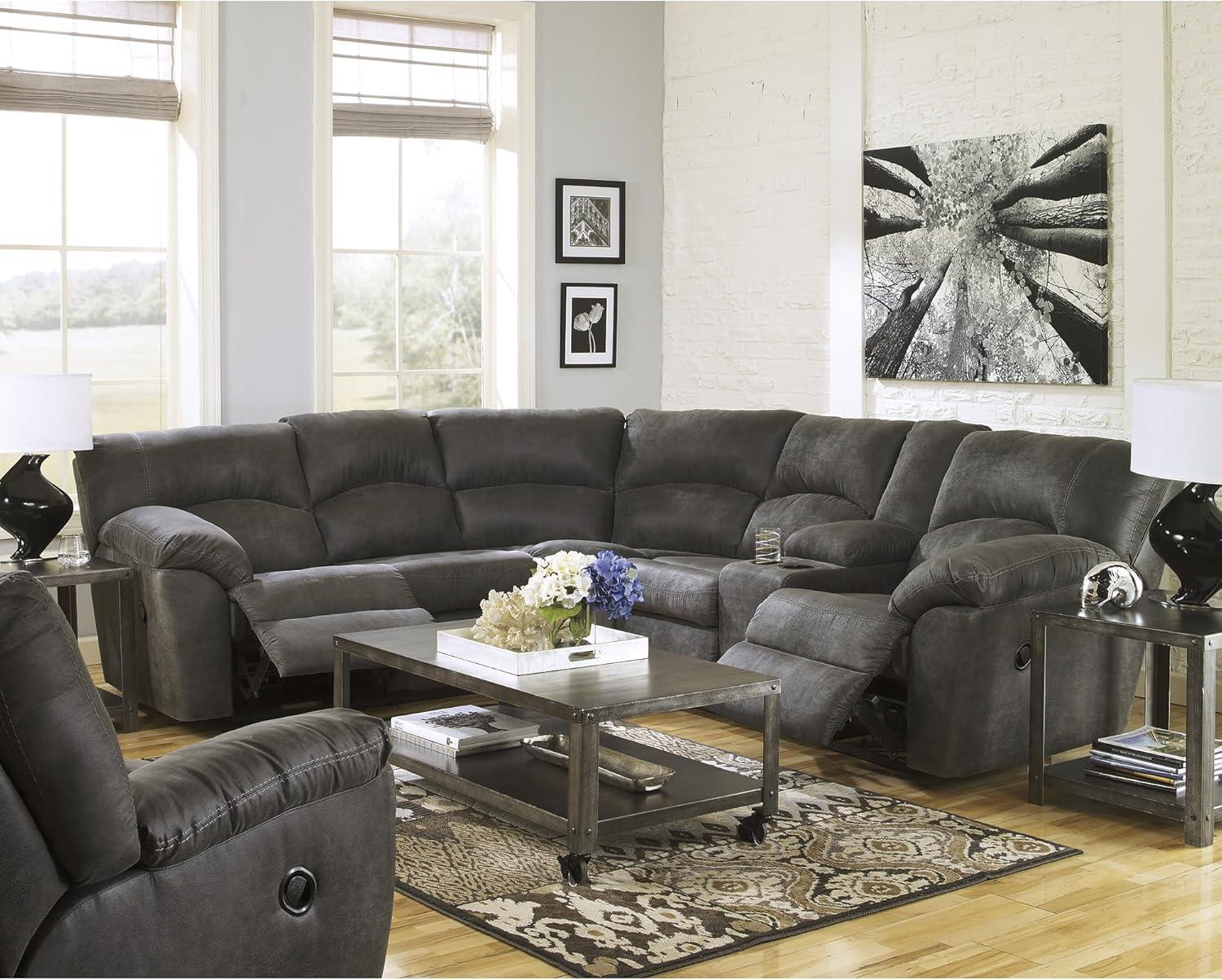 imageSignature Design by Ashley Tambo Contemporary LShaped Faux Leather Dual Sided 2Piece Reclining Sectional with Console Storage and 2 Cup Holders Dark BrownGrey