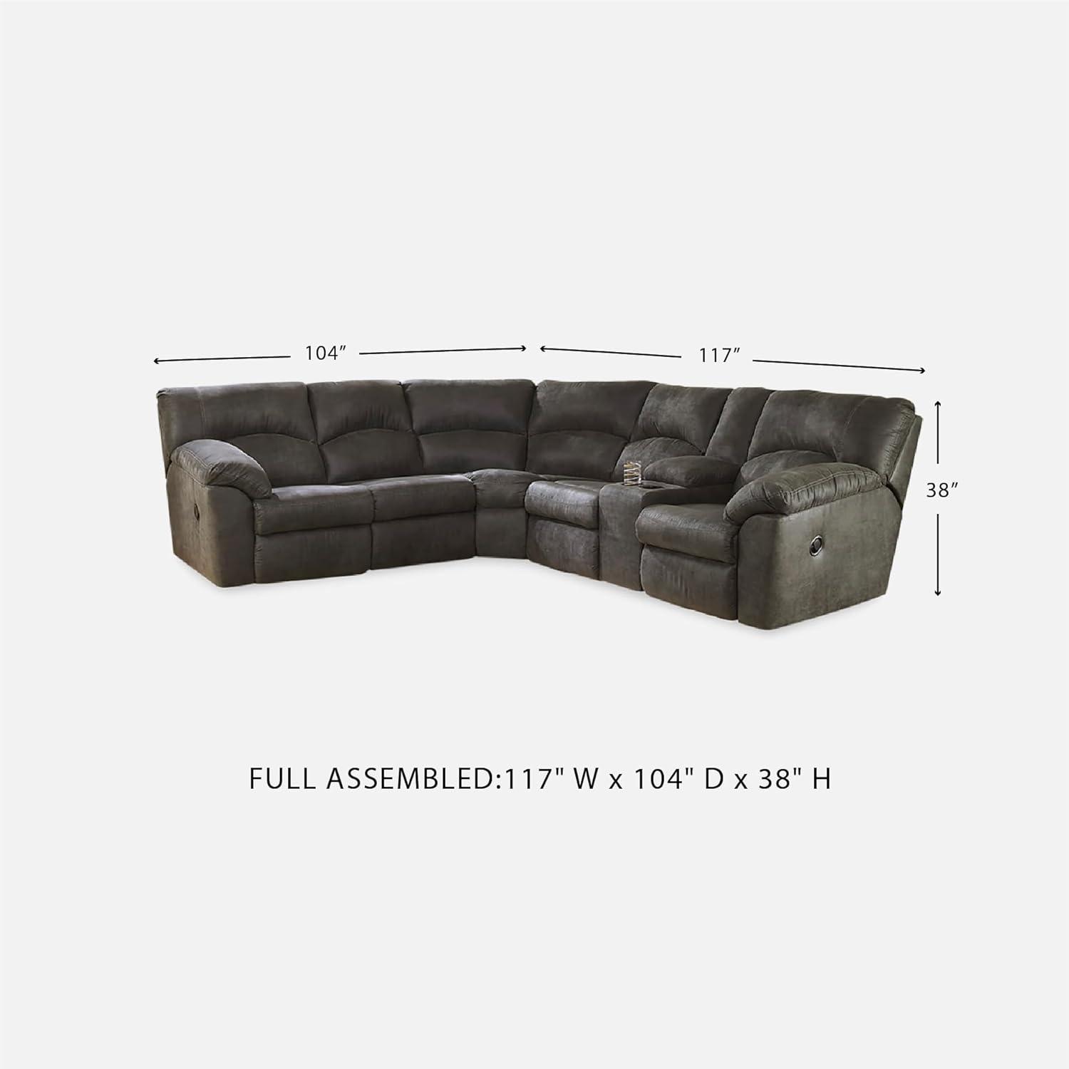 imageSignature Design by Ashley Tambo Contemporary LShaped Faux Leather Dual Sided 2Piece Reclining Sectional with Console Storage and 2 Cup Holders Dark BrownGrey