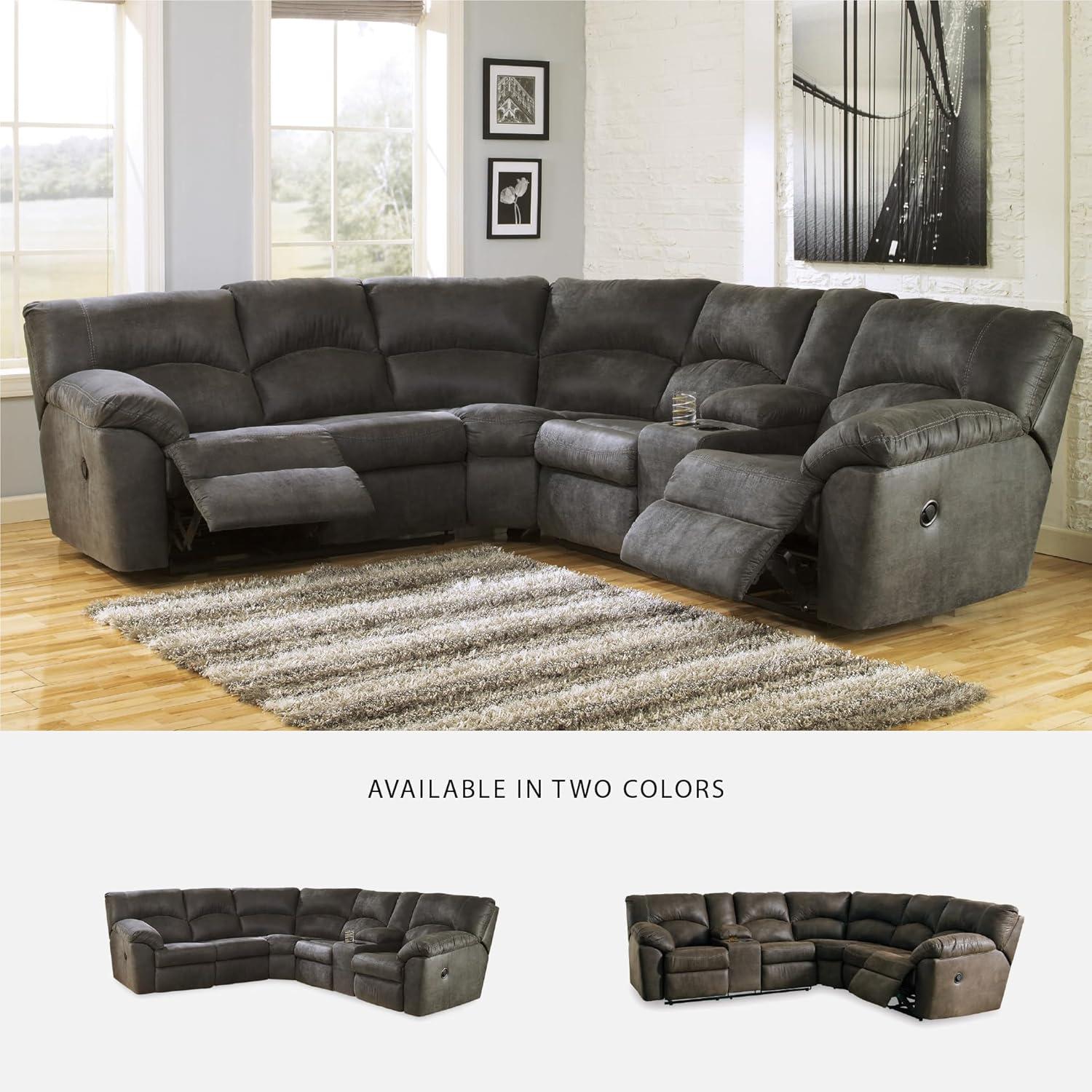 imageSignature Design by Ashley Tambo Contemporary LShaped Faux Leather Dual Sided 2Piece Reclining Sectional with Console Storage and 2 Cup Holders Dark BrownGrey