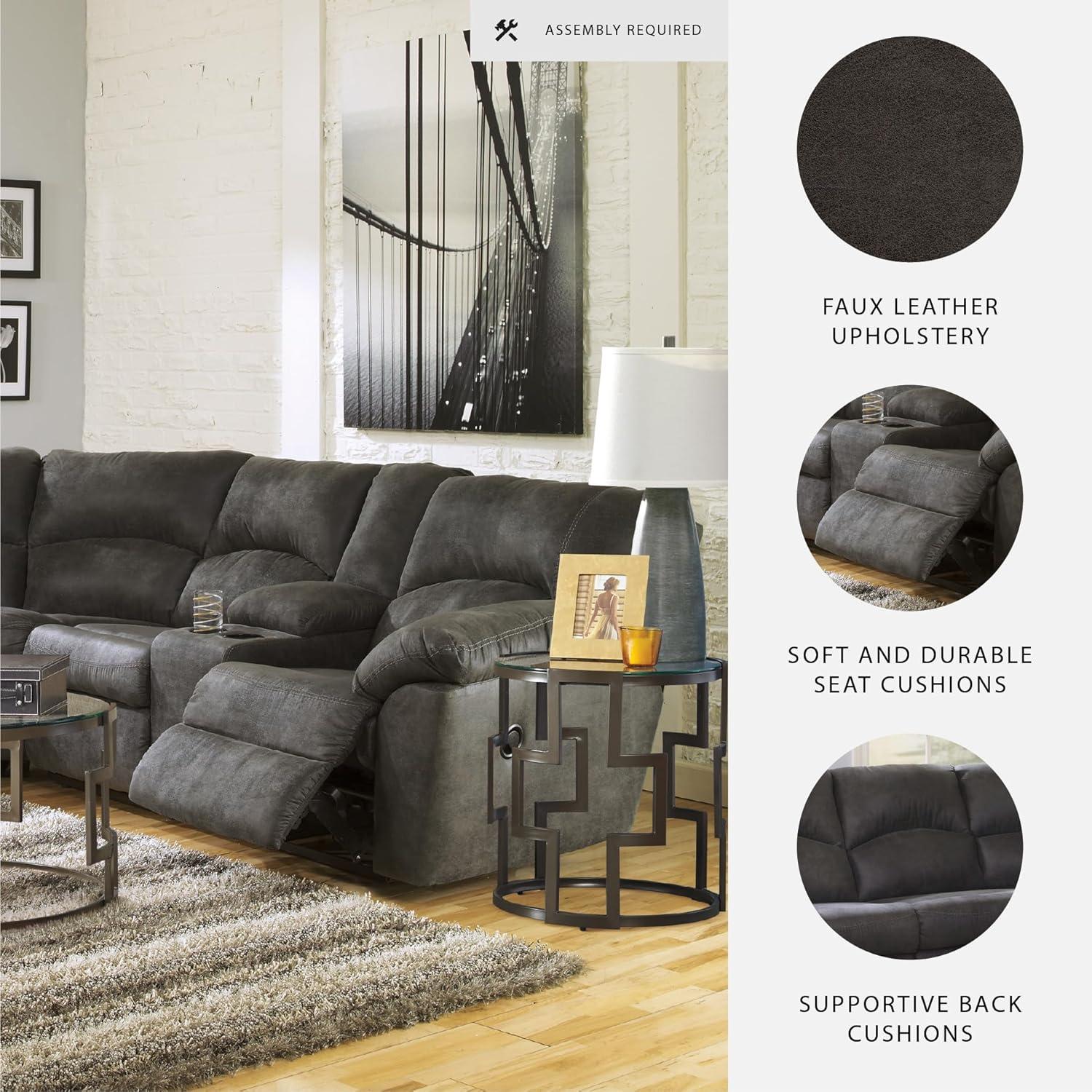 imageSignature Design by Ashley Tambo Contemporary LShaped Faux Leather Dual Sided 2Piece Reclining Sectional with Console Storage and 2 Cup Holders Dark BrownGrey