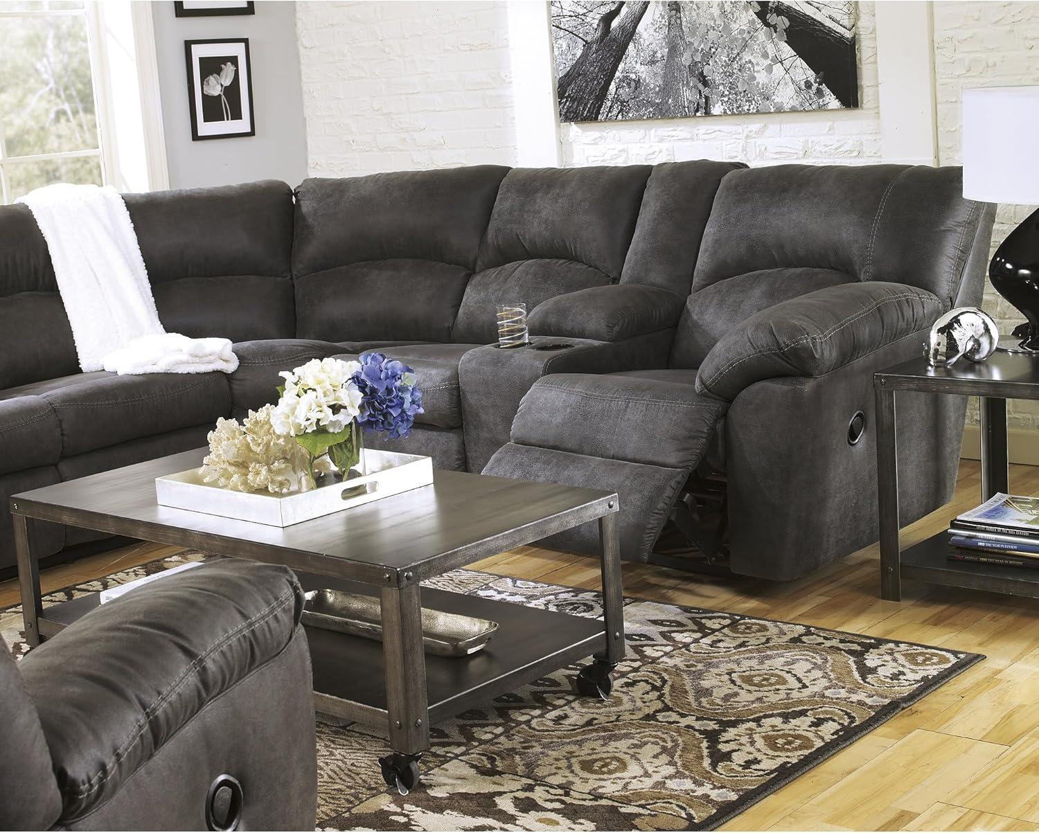 imageSignature Design by Ashley Tambo Contemporary LShaped Faux Leather Dual Sided 2Piece Reclining Sectional with Console Storage and 2 Cup Holders Dark BrownGrey