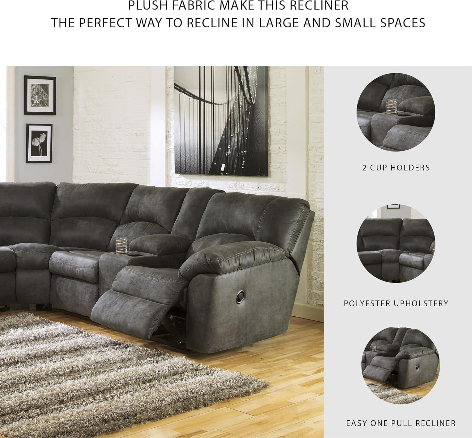 imageSignature Design by Ashley Tambo Contemporary LShaped Faux Leather Dual Sided 2Piece Reclining Sectional with Console Storage and 2 Cup Holders Dark BrownGrey