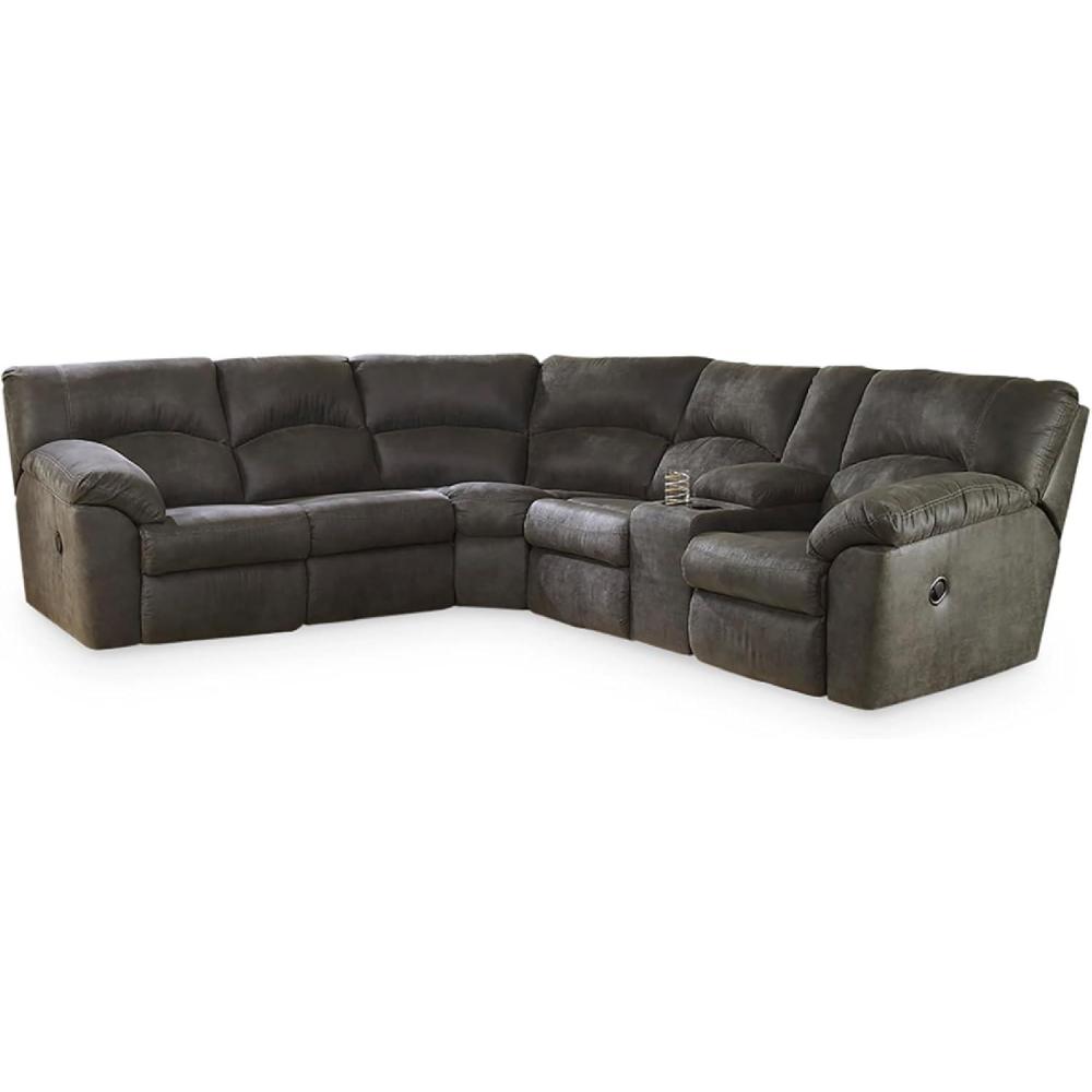 imageSignature Design by Ashley Tambo Contemporary LShaped Faux Leather Dual Sided 2Piece Reclining Sectional with Console Storage and 2 Cup Holders Dark BrownGrey
