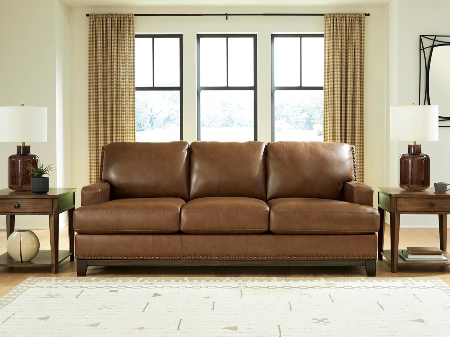 imageSignature Design by Ashley Brendola Transitional Leather Match Chair with Nailhead Trim and Loose Seat Cushions Light BrownSofa