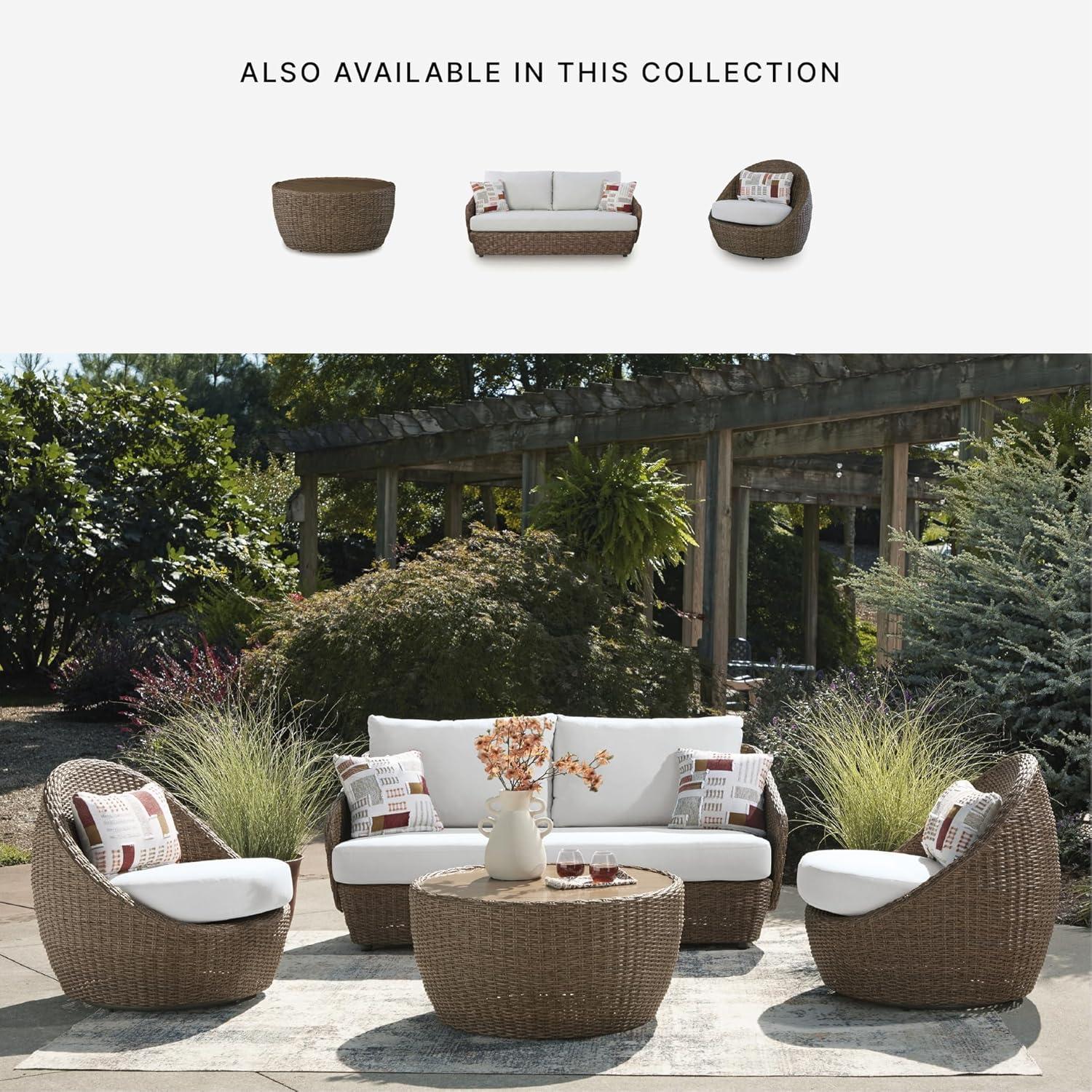 imageSignature Design by Ashley Cardiff Beach Coastal Weather Resistant Outdoor Loveseat and 2 Swivel Chairs with 4 Accent Pillows Set of 3 White amp Dark Brown