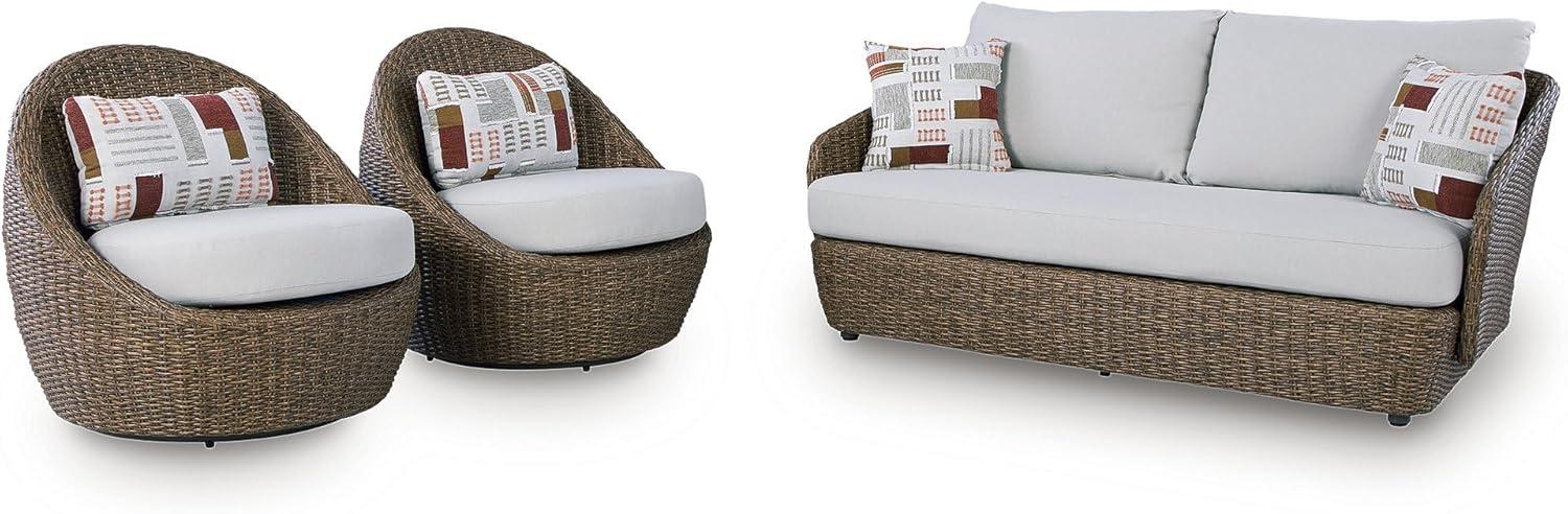 imageSignature Design by Ashley Cardiff Beach Coastal Weather Resistant Outdoor Loveseat and 2 Swivel Chairs with 4 Accent Pillows Set of 3 White amp Dark Brown
