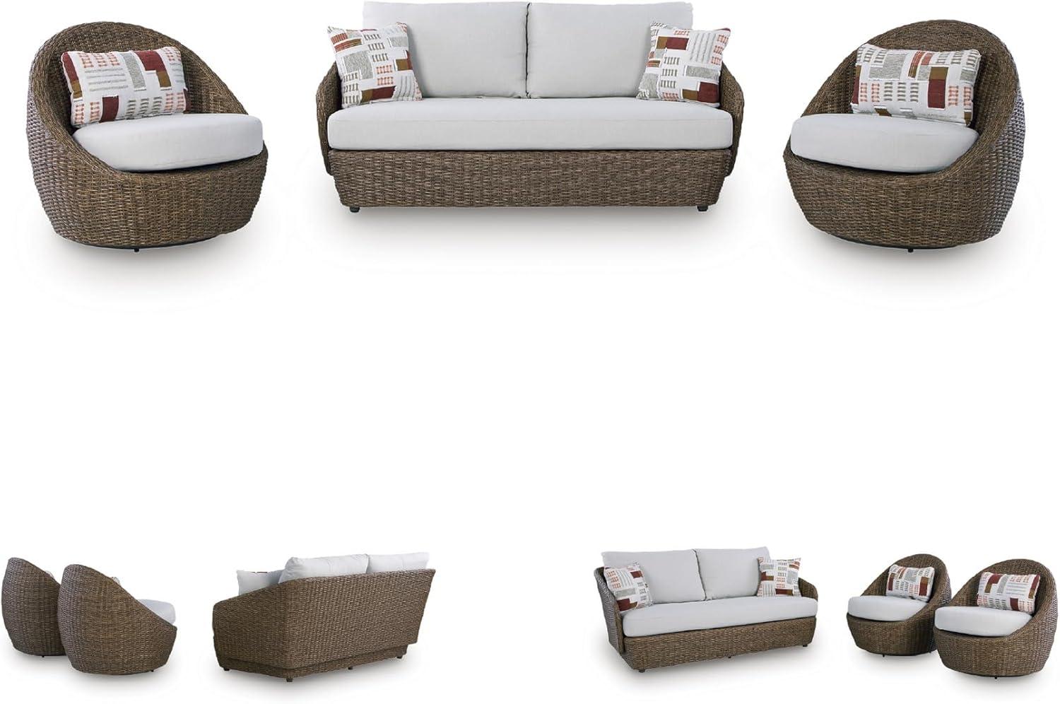 imageSignature Design by Ashley Cardiff Beach Coastal Weather Resistant Outdoor Loveseat and 2 Swivel Chairs with 4 Accent Pillows Set of 3 White amp Dark Brown