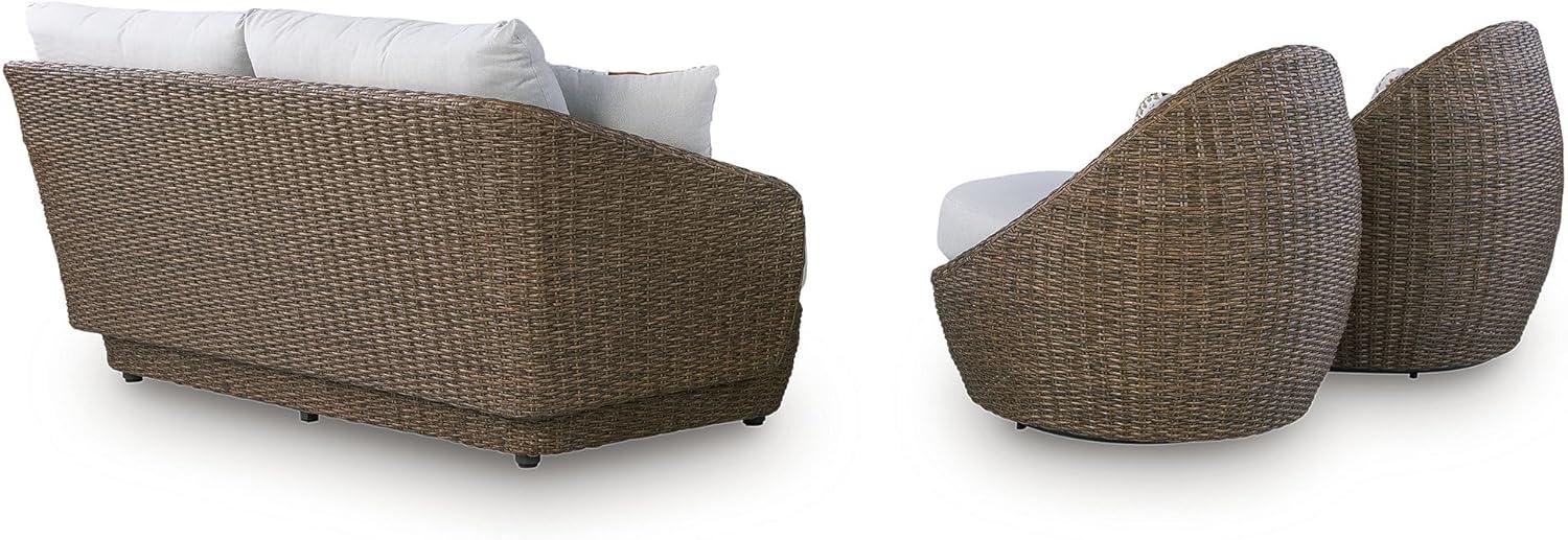 imageSignature Design by Ashley Cardiff Beach Coastal Weather Resistant Outdoor Loveseat and 2 Swivel Chairs with 4 Accent Pillows Set of 3 White amp Dark Brown