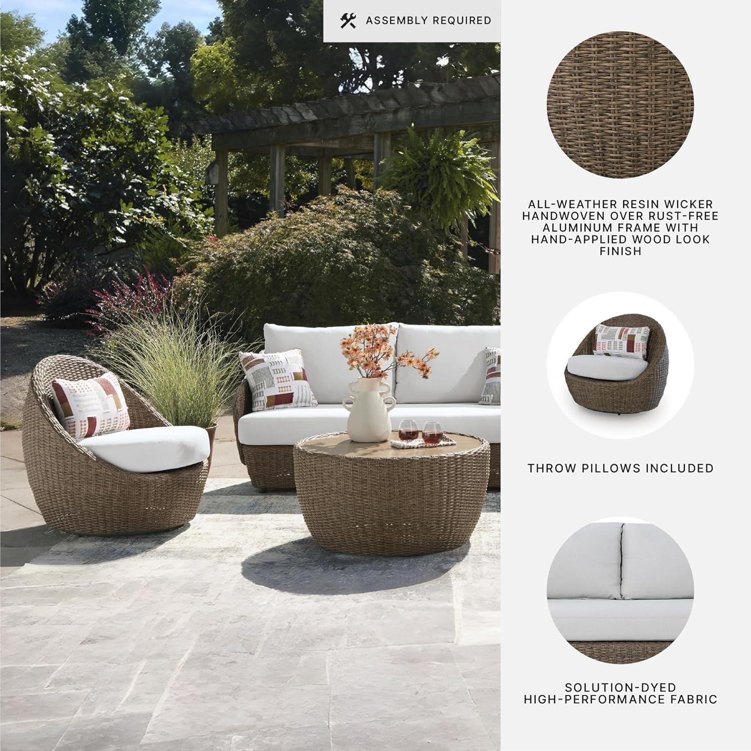 imageSignature Design by Ashley Cardiff Beach Coastal Weather Resistant Outdoor Loveseat and 2 Swivel Chairs with 4 Accent Pillows Set of 3 White amp Dark Brown