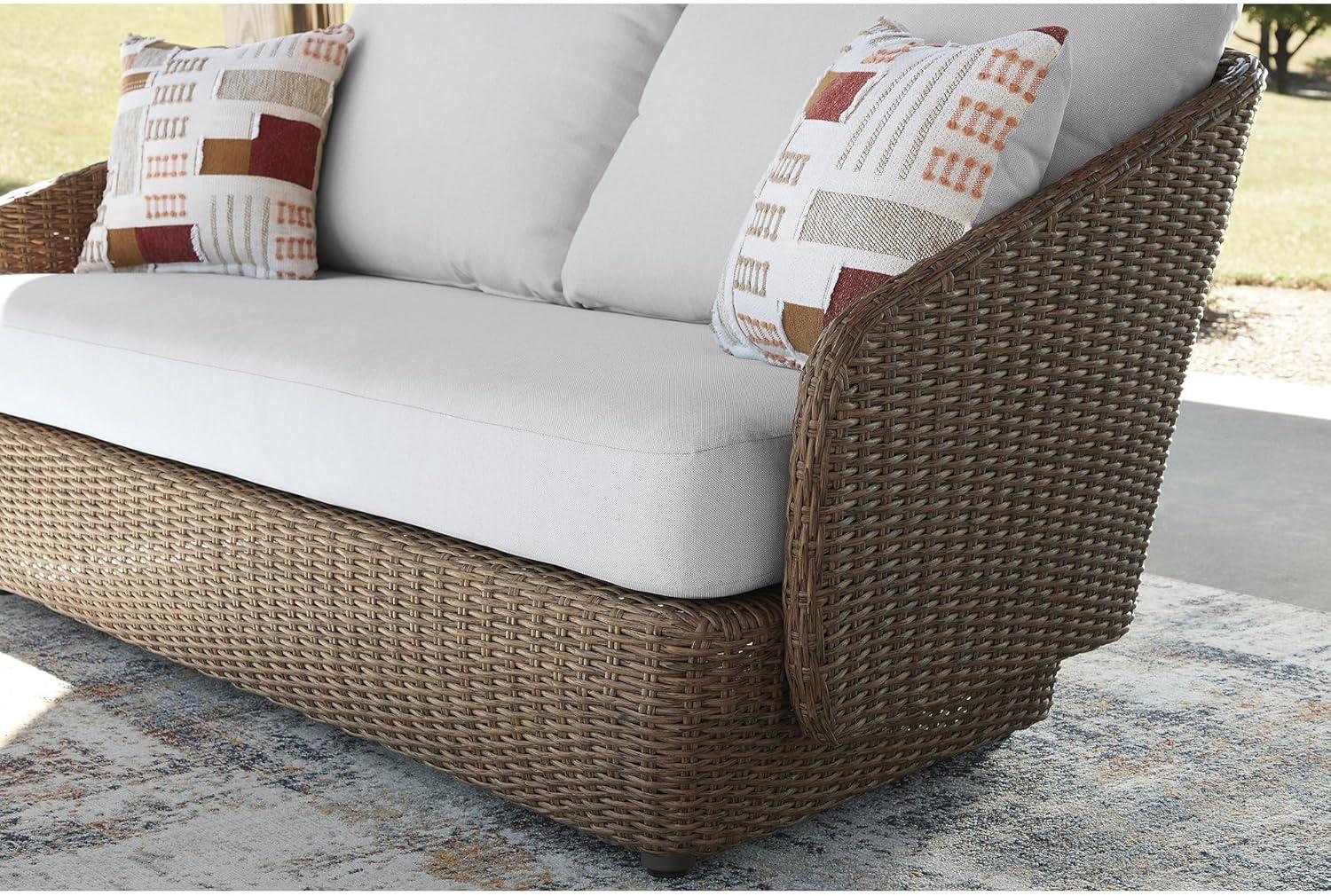 imageSignature Design by Ashley Cardiff Beach Coastal Weather Resistant Outdoor Loveseat and 2 Swivel Chairs with 4 Accent Pillows Set of 3 White amp Dark Brown