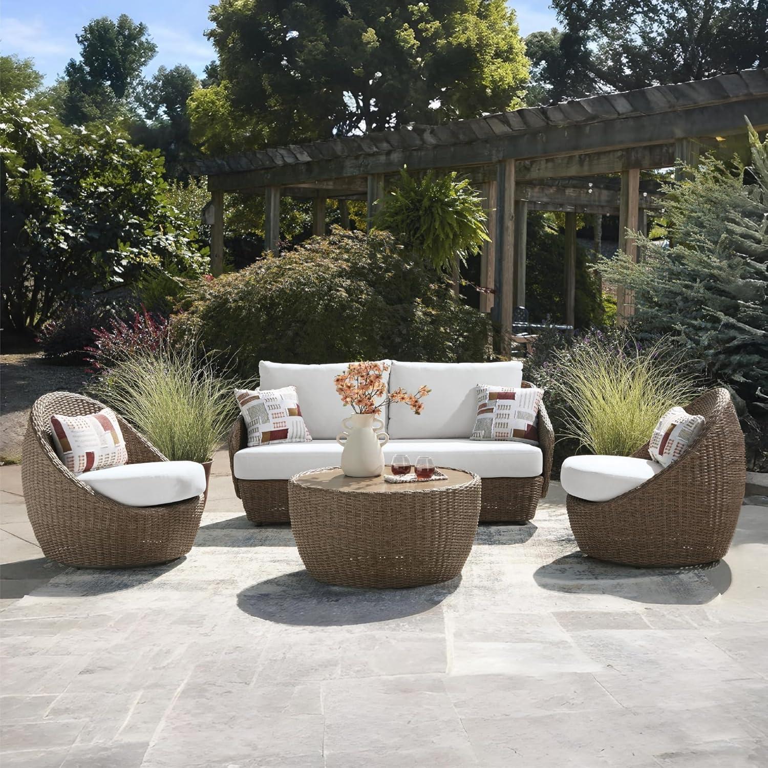 imageSignature Design by Ashley Cardiff Beach Coastal Weather Resistant Outdoor Loveseat and 2 Swivel Chairs with 4 Accent Pillows Set of 3 White amp Dark Brown
