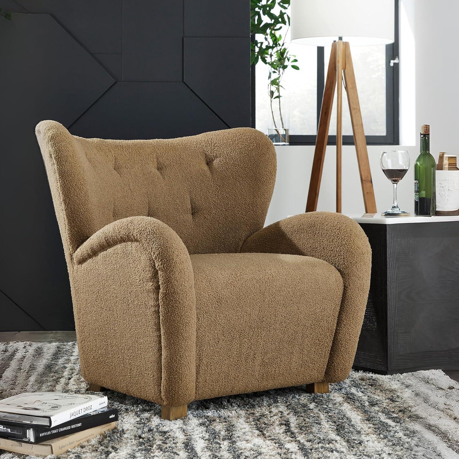 imageSignature Design by Ashley Larbell Contemporary Faux Shearling Tufted Upholstered Accent Chair with Wingback Light BrownLight Brown
